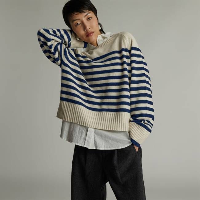 The Cashmere Boxy Crew | Bright Navy / Bone
