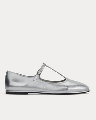The Leather T-Strap Flat | Silver
