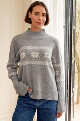 Cashmere Blend Fairisle Funnel Neck Jumper | Grey/Cream
