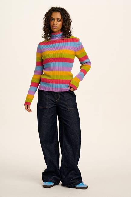 Eva -  Knitted Roll Neck Long Sleeve Top in Rainbow Stripe