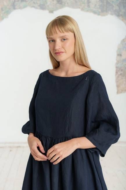 Smock Gaia Nursing Dress, 3/4 Sleeve, Night Navy