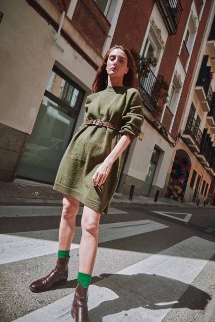 PERRINE Sweater Dress in Merino Wool - Olive Green