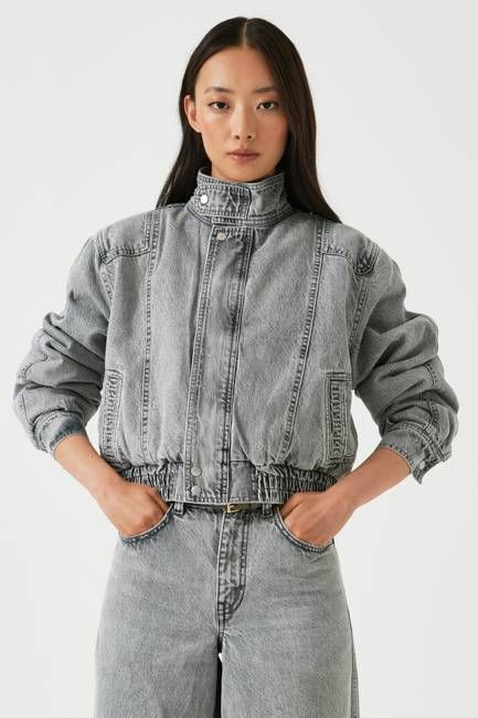 Juno Denim Bomber Jacket in Silver Lining