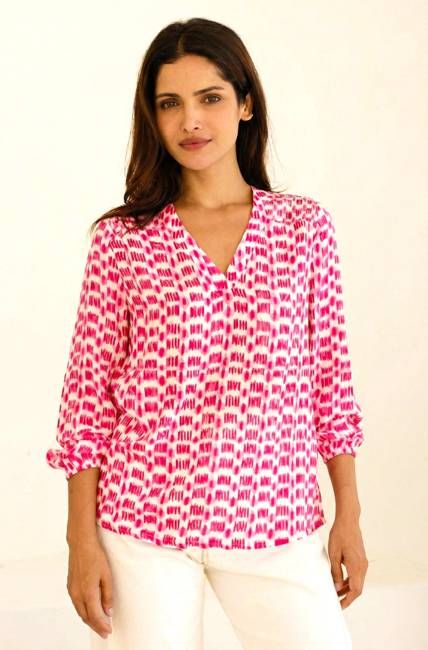 Clea Viscose Crinkle Blouse | Ikat White/Pink
