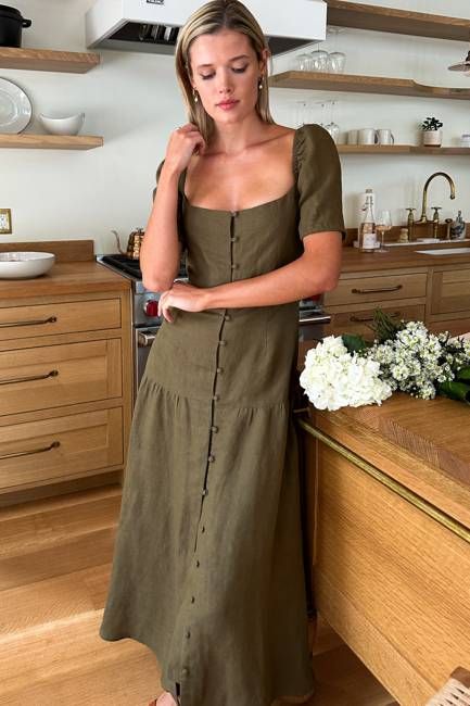 Louise Shortsleeve Basque Dress - Martini Olive Linen