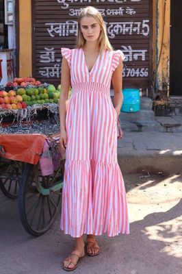 Lizzie Organic Cotton Stripe Dress | Coral/White