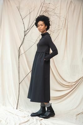 Birch Organic Cotton Jersey and Poplin Dress in Black
