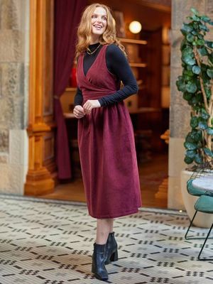 Ally - Corduroy Midi Crossover Front Dress - Burgundy