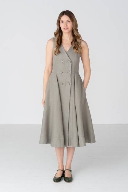 Rosa – Midi Linen Dress with Double-Button Front