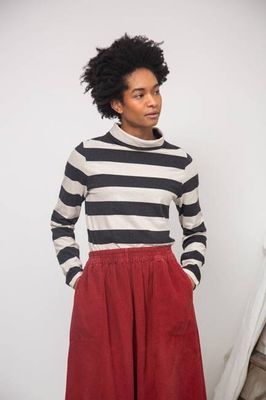 Pine-Sue Organic Cotton Stripe Jersey Top in Charcoal & Ecru Marl Stripe