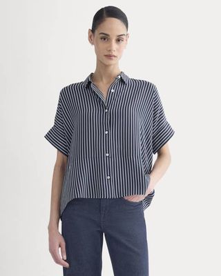 The Boxy Shirt in Washable Silk | True Navy / Bone Stripe