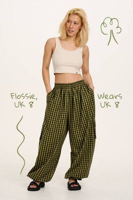 Rumi - Wide Leg Cotton & Linen Trousers in Green Emin Gingham