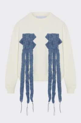 Organic Cotton White Oversized Jumper with Cross Patterned Trim