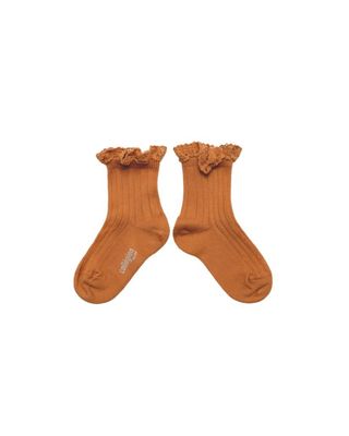 Women's Lace Trim Ribbed Ankle Socks - terra cotta