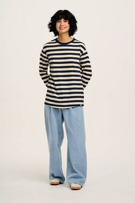 Kenny - Long Sleeve Skater Cotton T-Shirt in Navy & Ecru Stripe