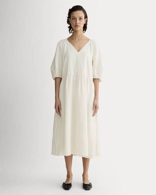 The Linen Oversized Puff-Sleeve Dress | Bone