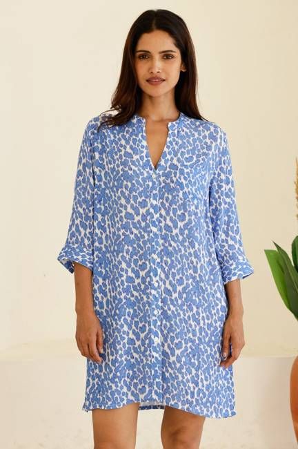 Mila Viscose Crinkle Shirt Tunic | White/Blue