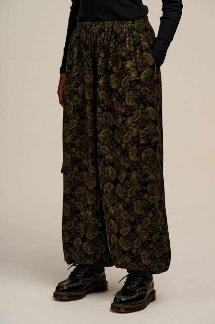 Rumi - Brushed Cotton Balloon Trousers in Grunge Green Paisley Print