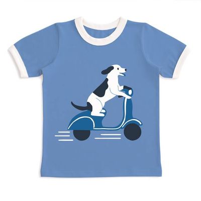 GRAPHIC Ringer Tee - Dog on Scooter Lake Blue