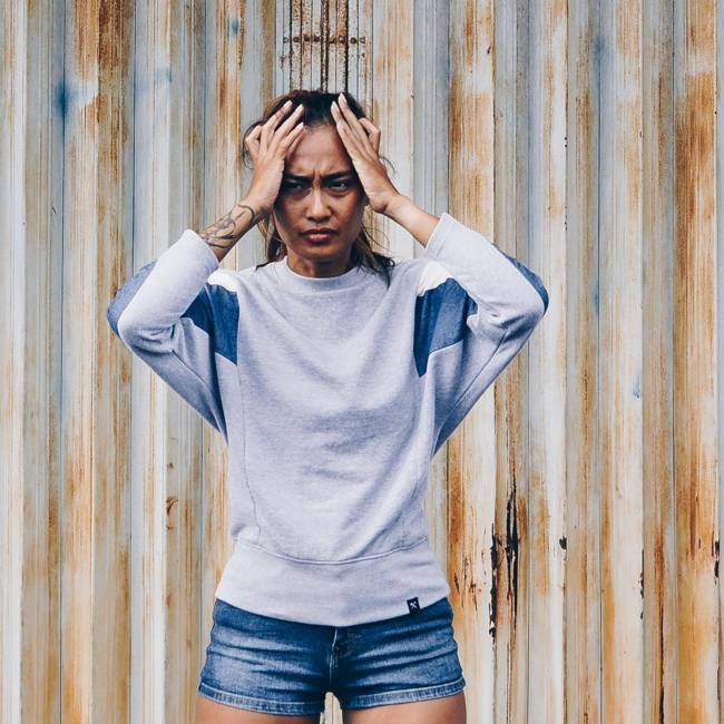 Sweatshirt - AMY - RE-DENIM - gemaakt van 4 verschillende gerecyclede stoffen - lichtroze, denim, grijs