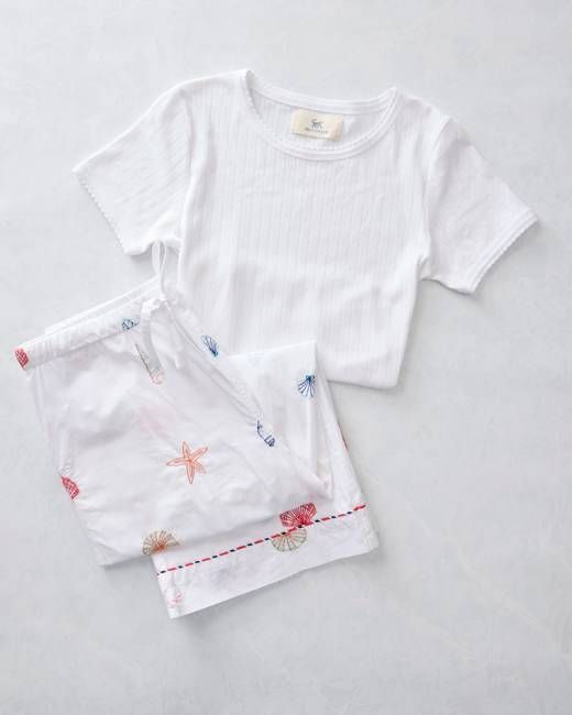 Embroidered Shells - Cropped PJ Pants & Pointelle Short Sleeve Bundle - Cloud