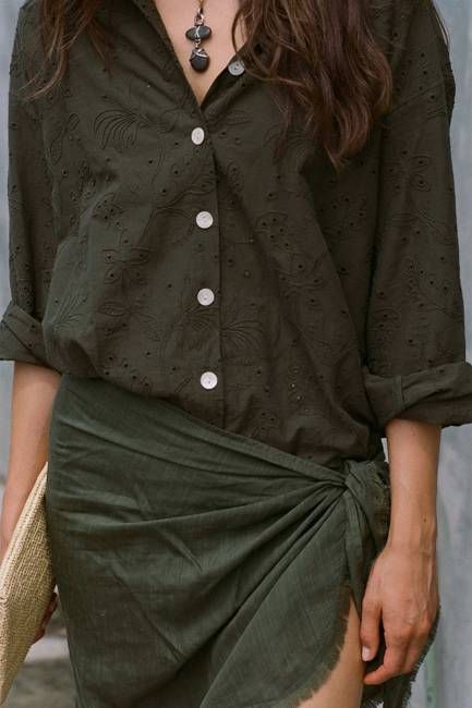 Playa Boyfriend Shirt - Olive Tropical Eyelet