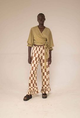 Frill hem pants - block print mocha