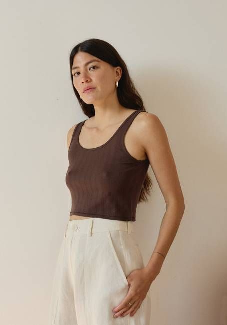 Crop Pointelle Scoop Tank Walnut