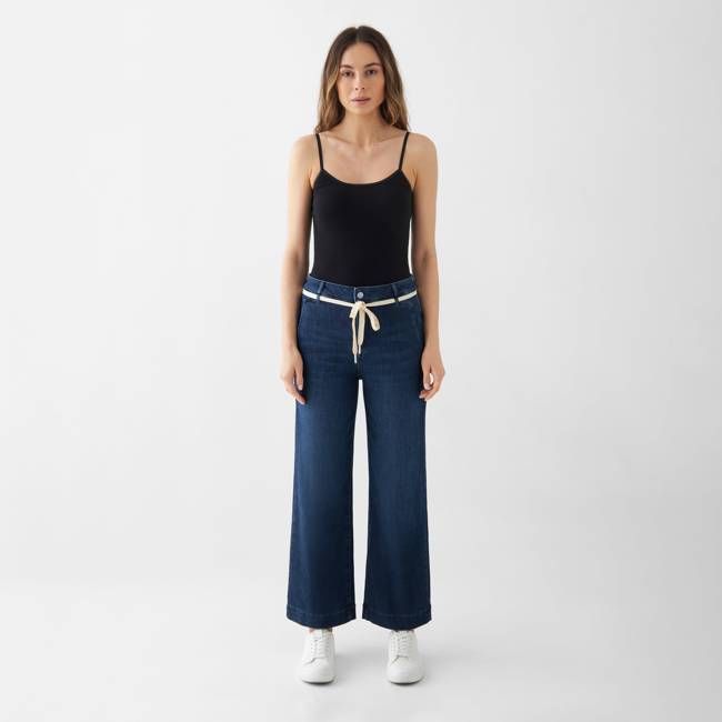 DEW Flared Cropped Soft Denim - French Pocket - Dark Blue