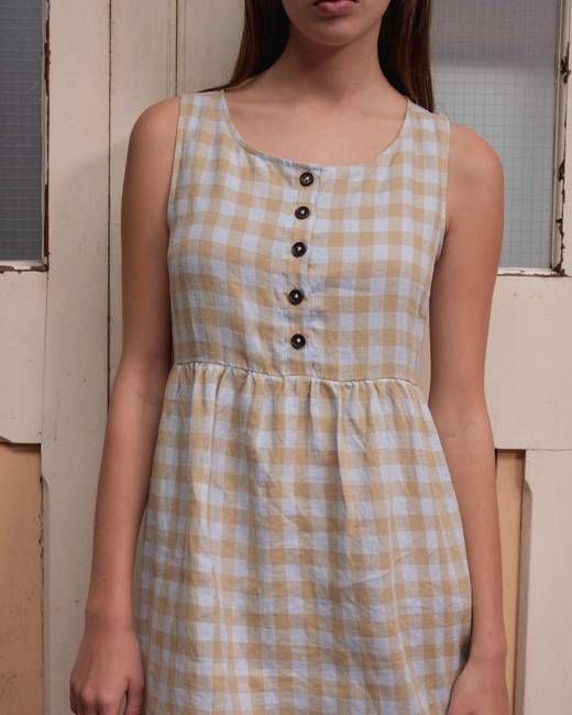 No.24 Sleeveless, button up Linen Dress in St. Agnes Check