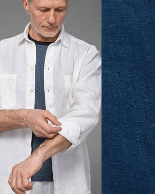 Langärmliges schweres Leinenhemd für Herren in Jeansblau