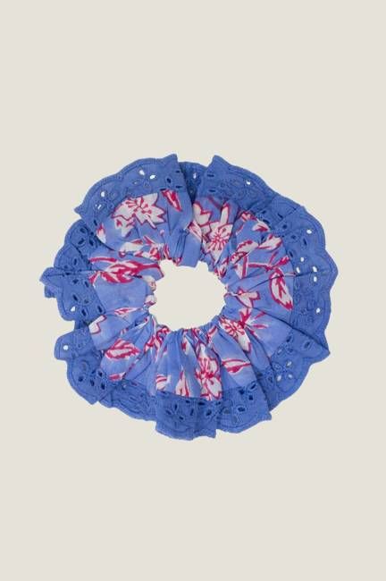 Block Print Lace Trim Scrunchie | Japanese Flower Marina Blue