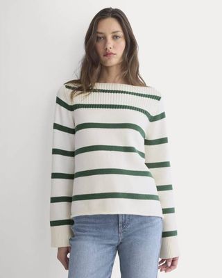 Striped Boatneck Sweater in Everyday Cotton | Hunter Green/Bone