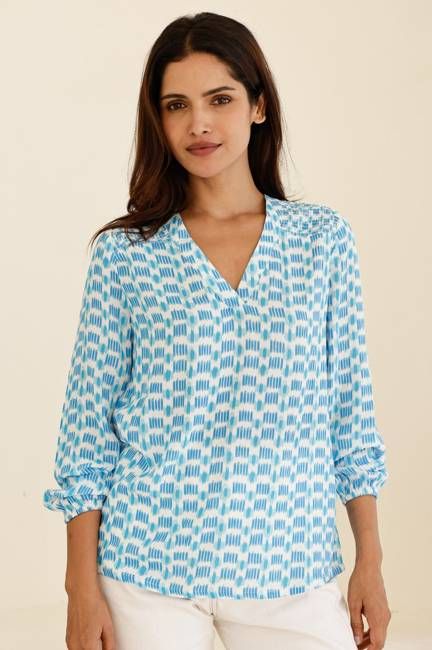 Clea Viscose Crinkle Blouse | Ikat White/Turquoise