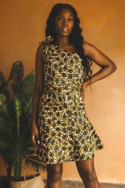 Zikomo one shoulder bodycon dress in golden leaf print
