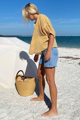 Mandarin Collar Top - Marigold Stripe Organic