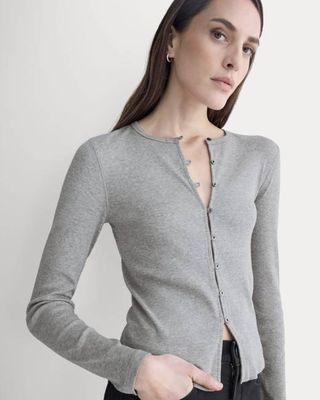 Luxe Rib Button-Up Top | Heathered Light Grey