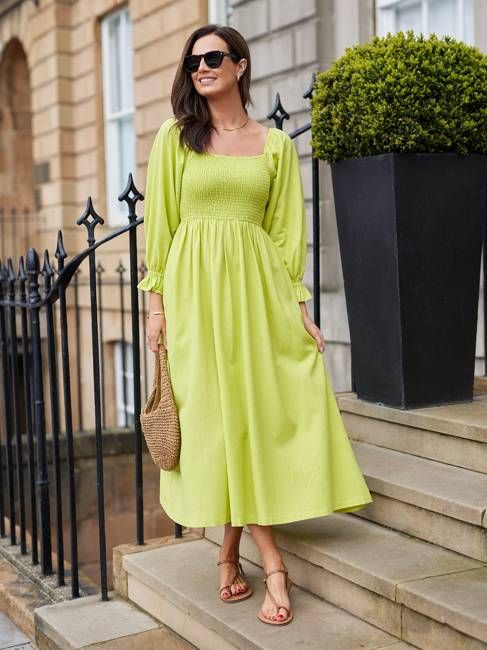 Sam Shirred Dress - Chartreuse