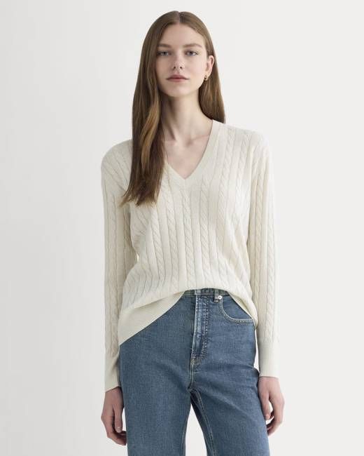 The Cable V-Neck in Cotton Cashmere | Birch