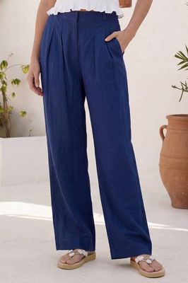 Hose aus Leinenmischgewebe mit Faltenfront | Marineblau