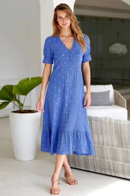 Poppy Embroidered Dress | Marina Blue/Gold