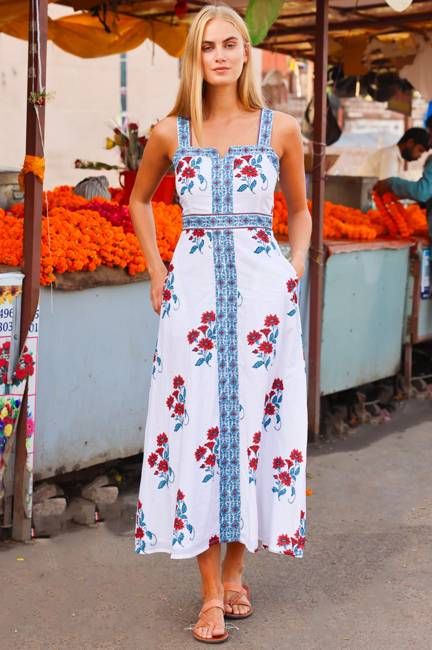 Margaritte Block Print Organic Cotton Dress | Teal/Red