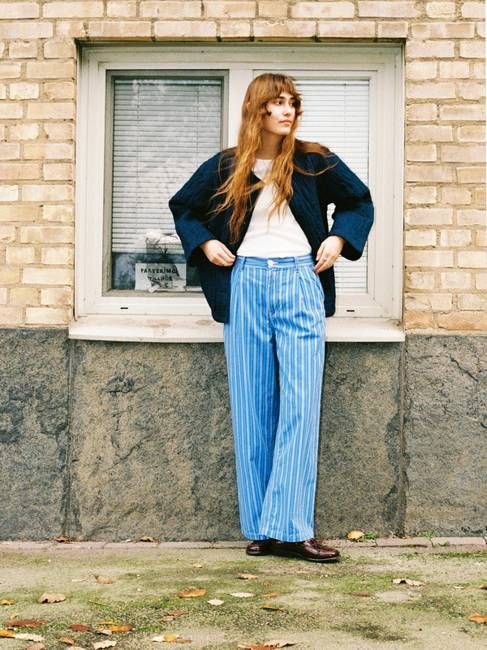 Gullan Pants Striped Blue/Offwhite wide pants | Nudie Jeans