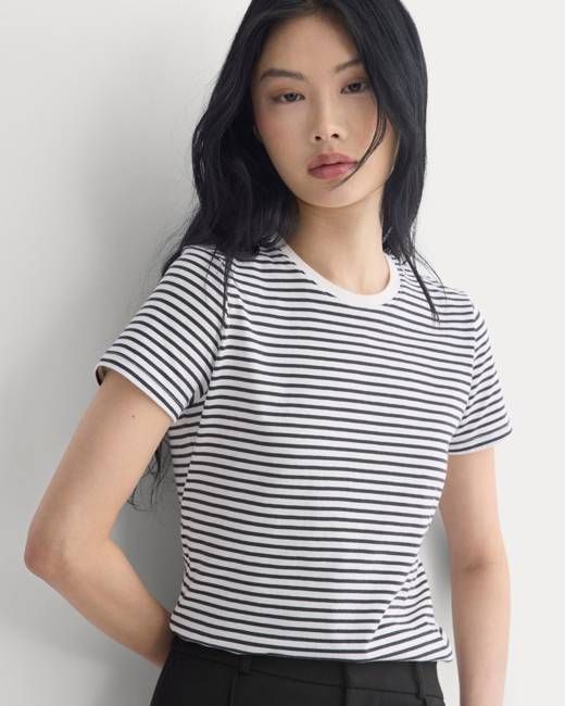The Slim Crew in Essential Cotton | Bone / Pirate Black Stripe