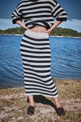 CECILE Straight Midi Skirt in Organic Cotton - Navy Blue and Off-white stripes