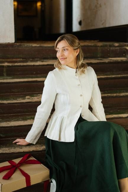 Peplum Jacket, Twill Linen, Milky Herringbone