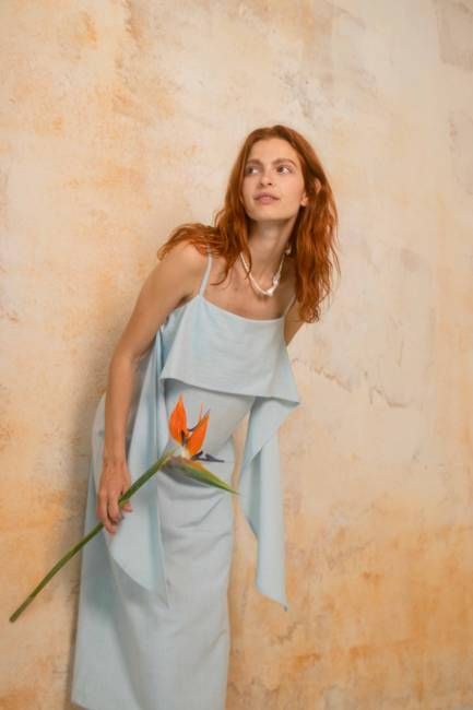 Organic Cotton Sun Dress with Front Frill in Pale Blue