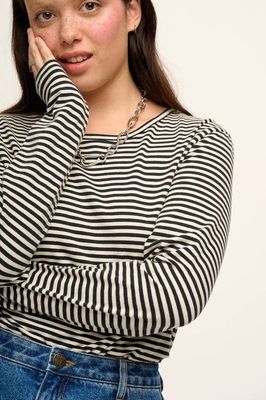 Rey - Long Sleeve Cotton T-Shirt in Black & White Stripe