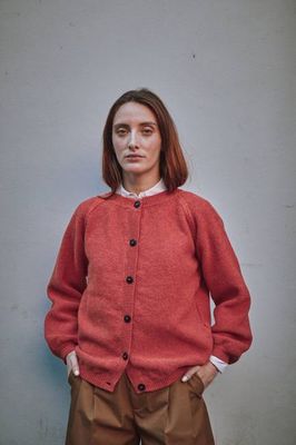 GABY Balloon-Sleeve Cardigan in Merino Wool - Coral