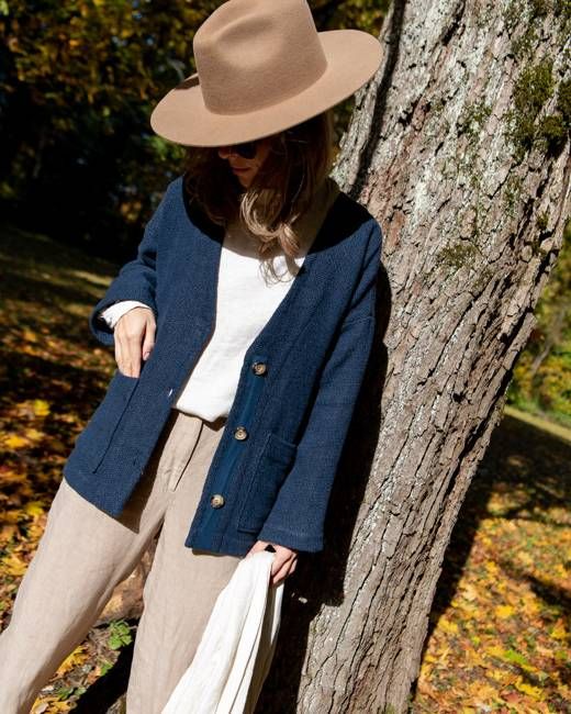 Alexis - Linen Cardigan in Dark Blue